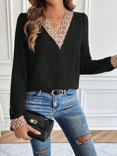 Women's Printed Patchwork Puff sleeve Shirt Black Casual  Long Sleeve Woven Fabric Plain Top Non-Stretch  Women Clothing, size features are:Bust: ,Length: ,Sleeve Length: Chic Black Long Sleeve V-neck Top, Elegant Black V-neck Long Sleeve Top, Black Stretch V-neck Long Sleeve Top, Puff Sleeve Shirt, Elegant V-neck Leopard Print Top, Affordable Leopard Print V-neck Top, Plain Tops, Women Blouses, Kids Beachwear