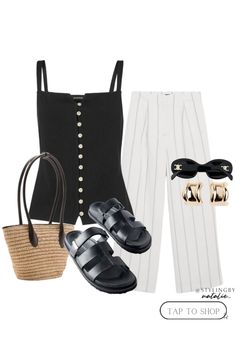 Strappy button up longline vest, stripe wide leg trousers, leather sandals, gold earrings, celine sunglasses & natural fibre tote bag. Summer outfit, casual chic & stripes.  #liketkit #LTKsummer #LTKeurope #LTKstyletip #massimodutti #casualchicstyle #minimalist #outfitgoals #summerstyle #classystyle #oldmoneystyle #chicoftheday #outfitdujour #virtualstylist @shopLTK Longline Vest Outfit, Wide Leg Trousers Outfit Casual, Trousers Outfit Casual, Summer Suitcase, Parisian Chic Outfits, French Girl Fashion, Wide Leg Trousers Outfit, Outfit Casual Chic, Striped Wide Leg Trousers