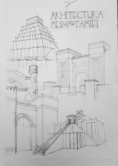 a drawing of architecture in black and white