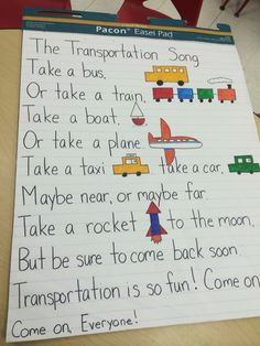 a piece of paper with writing on it that says, the transportation song take a bus