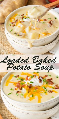 two bowls filled with loaded potato soup and topped with sour cream