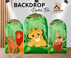 the lion king and his friends are on display in front of an advertisement for back drop digital