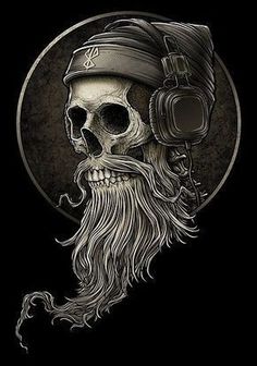 a skull wearing headphones and a beard