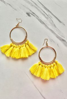 These trendy tassel earrings will glam up any outfit, even your fav tee with these Tassel drop earrings! Lightweight and comfy.  Lots of styles and colors.  Makes a great gift too! Yellow Circle, Tassel Drop Earrings, Tassel Earrings, Earings Piercings, Tassels, Hoop Earrings