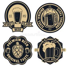 beer badges and emblems for various types of beers in vintage style, isolated on white background