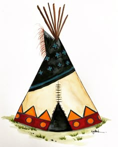 a drawing of a teepee with feathers on it