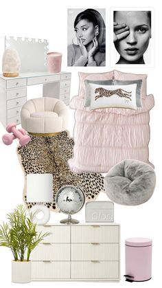 a bedroom with pink and white decor on the walls, bedding, rugs, pillows