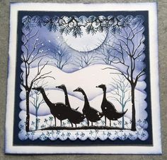 three geese are standing in the snow under a full moon, with trees and branches