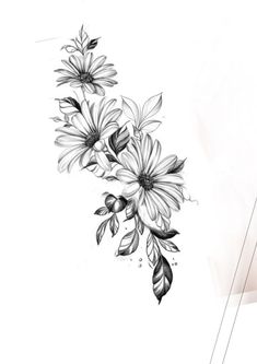 a black and white drawing of flowers with leaves on the bottom half of their arm