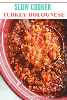 slow cooker filled with turkey bolognzoe and text that reads slow cooker turkey bolognzoe