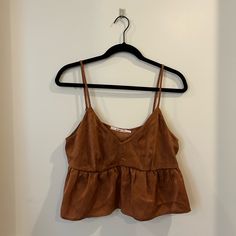 Brown Babydoll Style Crop Top, Size Large. Adjustable Straps, Fitted Chest Area But Lose Around Stomach Cute Brown Sleeveless Top, White Halter Crop Top, Long Sleeve Peasant Top, Ribbed Halter Top, Black Lace Crop Top, Style Crop Top, Tiered Tops, Babydoll Tank, Green Crop Top