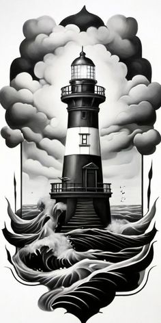 a black and white drawing of a lighthouse in the ocean with waves coming out of it