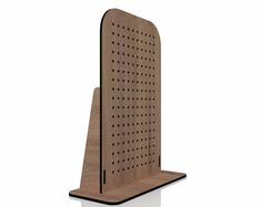 a wooden stand with holes in it on a white surface and one piece is cut out from the wood