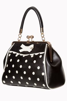 The bag that will take your entire outfit up a notch. Just pair with your favorite dress and go! Polka Dot Travel Bags, Polka Dot Shoulder Bag For Daily Use, Polkadots Outfits, Polka Dot Bags, Black White Vintage, Black Backdrops, Top Handle Handbags, Red Polka Dot, Black Bow