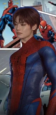 the amazing spider - man is standing in front of an image of another person with his hands on his hips