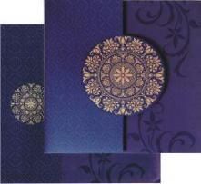 purple and blue wedding cards with gold embellishments on the front, back and side