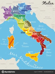 a map of italy with all the major cities and their names in different colors stock photo