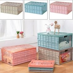 four different colored boxes stacked on top of each other