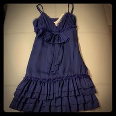 Deep Purple Spaghetti Strap Dress With Bow And Tiered Ruffle Hem. Has A Side Zipper Closure. Never Worn, Still Has Tags. Cute Winter Dresses Formal, Twyla Outfit, Purple Dress Aesthetic, Purple Babydoll Dress, Dolly Dresses, Dark Blue Floral Dress, Cheap Hoco Dresses, Dress With Jeans, Purple Ruffle Dress