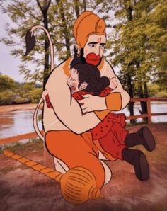 an animated image of a man holding a woman in his arms while standing next to a river