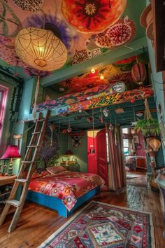 a colorful bedroom with a ladder to the ceiling and lots of decorations on the walls