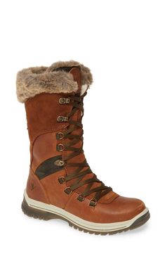 A plush faux-fur lining provides cozy comfort and warmth in a lightweight waterproof boot that's versatile enough for the slopes and the sidewalks. An antislip rubber sole provides added traction as you trek through snowy conditions. 1 1/2" heel; 3/4" platform (size 9) 10 1/2" shaft; 15 1/2" calf circumference Lace-up style with side zip closure Removable insole Temperature rated to -30ºC/-22ºF Leather and textile faux-fur upper/wool-blend textile lining/rubber sole Made in Italy Women's Shoes Fur Boots Women, Faux Fur Boots, Fur Boots, Comforters Cozy, Waterproof Boots, Boot Shoes Women, Mid Calf, Winter Boot, Cognac