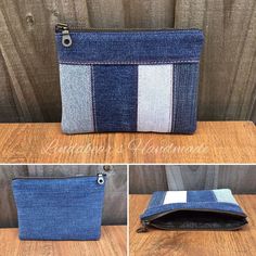 four different views of a denim purse with zippered closures and two sides showing the same fabric