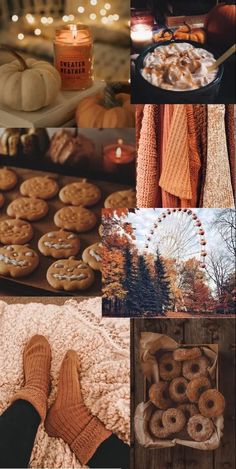 a collage of photos with pumpkins, cookies and candles