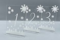 three clear acrylic numbers with snowflakes and trees in the bottom left corner