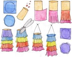 a drawing of different colors and shapes with scissors, paper towels, and other items