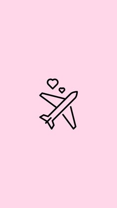 a black and white line drawing of an airplane with hearts on the tail, against a pink background