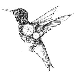 a drawing of a hummingbird flying through the air with a clock in its beak