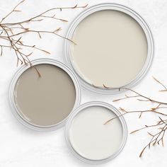 three white paint cans sitting on top of a table next to some dry grass and twig