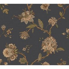 a black and brown floral wallpaper with lots of flowers on the bottom half of it