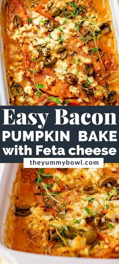 easy bacon pumpkin bake with feta cheese in a white casserole dish