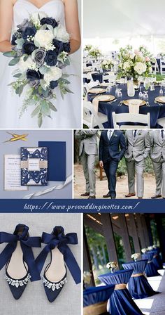 a collage of photos with blue and white wedding colors, including the bride and groom