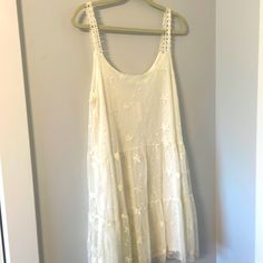 Lace Dress With Cream Lining Lace Sundress Midi Length, Lace Midi Sundress, Lace Midi Length Sundress, Casual Lace Midi Length Dress, Summer Lace Midi Dress For Casual Occasions, Casual Summer Lace Midi Dress, Casual Knee-length Lace Dress For Summer, Summer Knee-length Lace Dress, Lace Midi Sundress For Casual Occasions