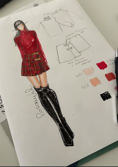 a drawing of a woman in a red coat and plaid skirt, with black boots