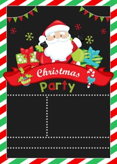 a christmas party poster with santa clause and presents on the front, in green and red stripes