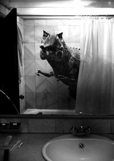 a black and white photo of a dinosaur shower curtain in a bathroom with a sink