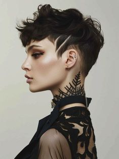 Short Curly Haircuts Edgy, Women Shaved Head Hairstyles, Edgy Pixie Cuts Shaved Sides, Asymmetrical Pixie Edgy, Hair With Long Bangs, Hairstyle References, Queer Haircut, Braid Updo Tutorial, Shaved Designs