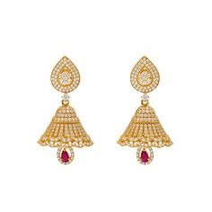 Wear these 22k yellow gold jhumka earrings for a special event that calls for extravagant elegance. The addition of cubic zirconia and rubies to this traditional jhumka earring design gives these gold earrings their stylish appeal. Features• 22k yellow gold• Ruby• Cubic zirconiaA new pair of 22k gold jhumka earrings is just what your jewelry collection needs! Our assortment of fine gold jewelry for women includes a vast assortment of 22 karat gold earrings in traditional and western styles for a Gold Bollywood Ruby Jhumkas, Bollywood Style Gold Ruby Jhumkas, Traditional Gold Diamond Jhumkas, Gold Diamond Jhumkas For Festivals, Gold Diamond Temple Jewelry Jhumkas, Gold Diamond Jhumkas In Temple Jewelry Style, Yellow Gold Chandbali Jhumkas Hand Set, Bollywood Diamond Gold Jhumkas, Bollywood Gold Diamond Jhumkas