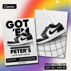 a pair of sneakers with the words got em peter's 13th birthday printed on them