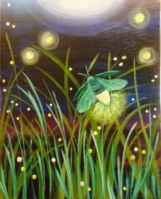 an acrylic painting of grass and flowers with the moon in the background