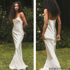 two pictures of a woman in a white dress with long curly hair, and another photo of the same woman wearing an evening gown