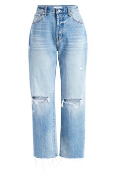 These closet-staple nonstretch-denim jeans are designed with a high waist and sparse distressing. 25 1/2" inseam; 17" leg opening; 12 1/2" front rise; 14 1/2" back rise (size 29) 100% cotton Machine wash, tumble dry Imported Everyday Ripped Medium Wash Cropped Jeans, Dark Wash Distressed Straight Leg Cropped Jeans, High Rise Distressed Cropped Jeans In Denim Blue, Distressed Mid-rise Cropped Jeans For Everyday, Everyday Ripped High Waist Jeans, Everyday High Rise Distressed Jeans, High Waist Ripped Jeans For Everyday, Distressed Medium Wash Cropped Jeans, Everyday Ripped Cropped Jeans For Fall