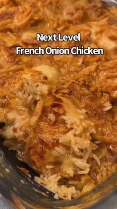 a casserole dish with meat and onions in it, next level french onion chicken