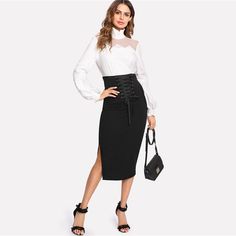 The pencil skirt with some flare. Featuring a corset lace-up empire waist, and a side split this skirt brings a unique style to your office wardrobe. Pair with a bodysuit or top, add your blazer and pumps are you are Boss Babe Ready... but this skirt is perfect enough to wear once you leave the office. Made with a polyester and spandex blend for comfort and style. Black Shirt And Skirt, Long Pink Skirt, Cheap Corset, Split Midi Skirt, Shirt And Skirt, Mid Calf Skirt, Cheap Skirts, Office Skirt, Perfect Little Black Dress