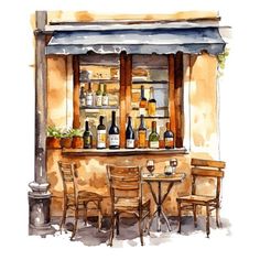 a watercolor painting of a bar with chairs and bottles