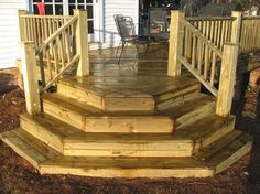 a wooden porch with steps and railings